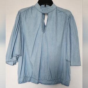 New York & Company Light Blue Chambray Keyhole Blouse